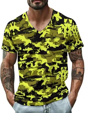 Mens V Neck Short Sleeve Camo Shirts Military Camouflage Performance Athletic T-Shirt Quick-Drying Casual Hunting Tee