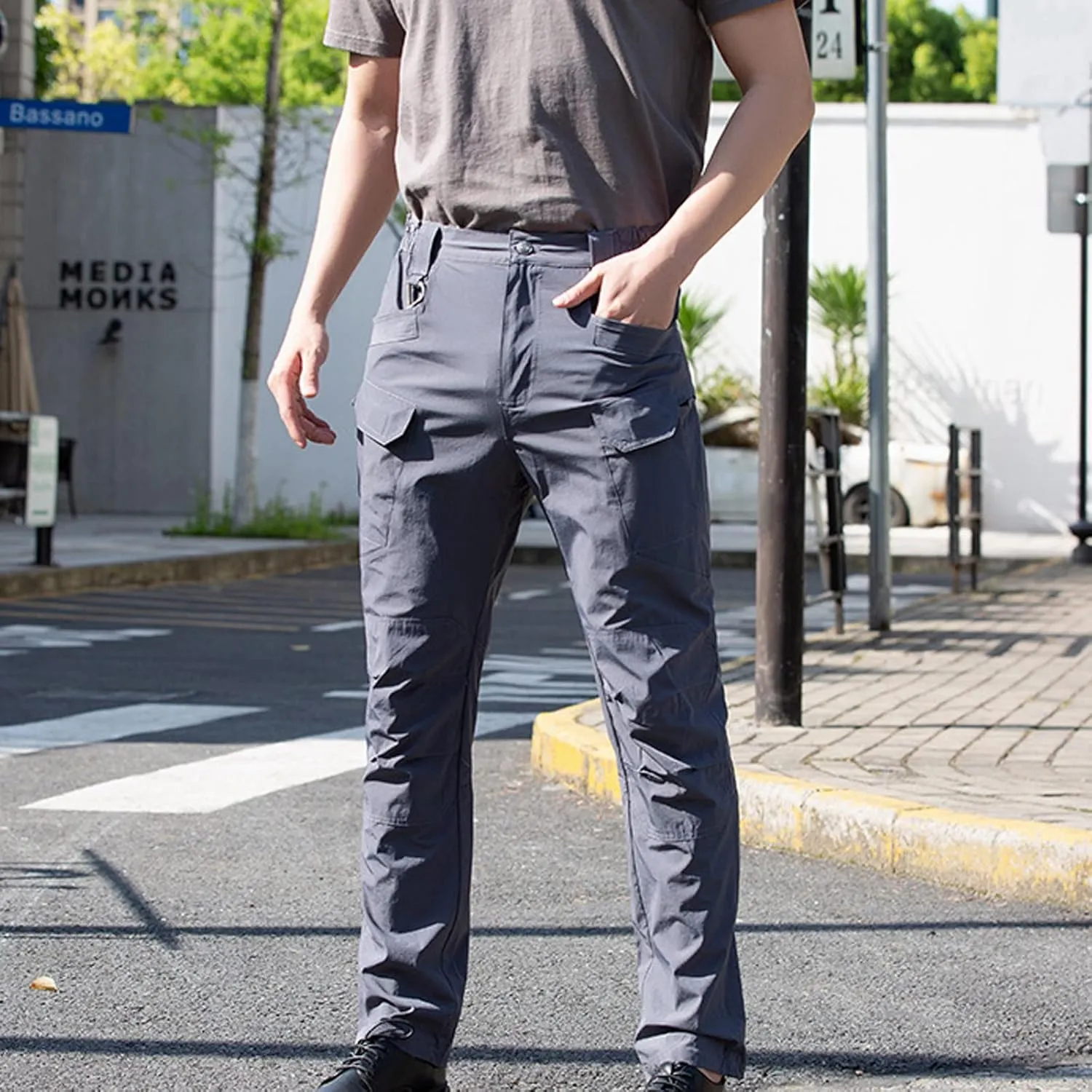Muscularfit Mens Pants Expandable Waist Multi Pockets Solid Cotton Cargo Pant Regular Big and Tall Straight Outdoor Sweatpant