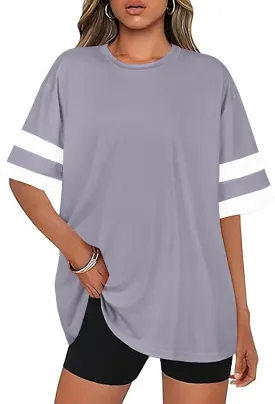 Oversized Tshirts for Women Summer Round Neck Striped Loose Tee Tops
