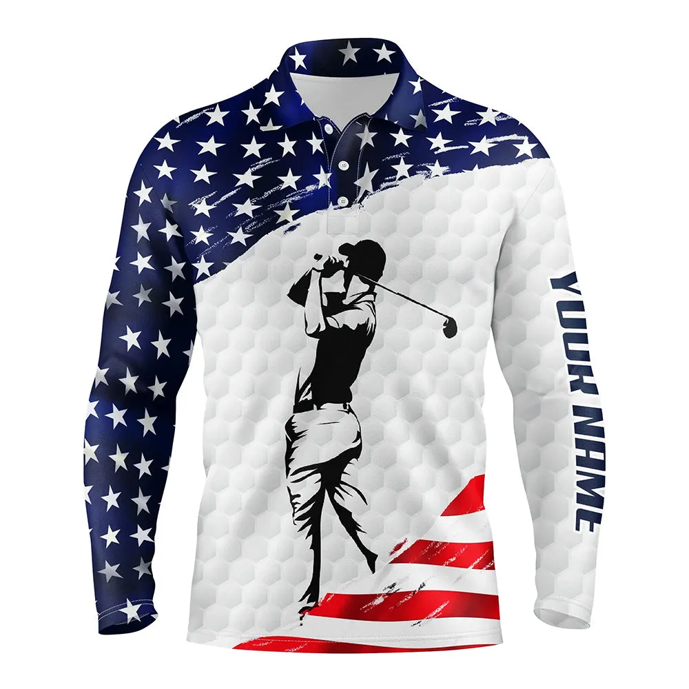Personalized White Golf Long Sleeve Polos Shirt For Men American Flag 4Th July Custom Name Gifts For Golf Lovers