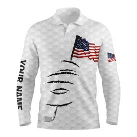 Personalized White Golf Long Sleeve Polos Shirt For Men American Flag 4Th July Custom Name Gifts For Golf Lovers