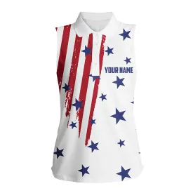 Personalized white sleeveless polo shirt for women American flag 4th July custom ladies golf tops