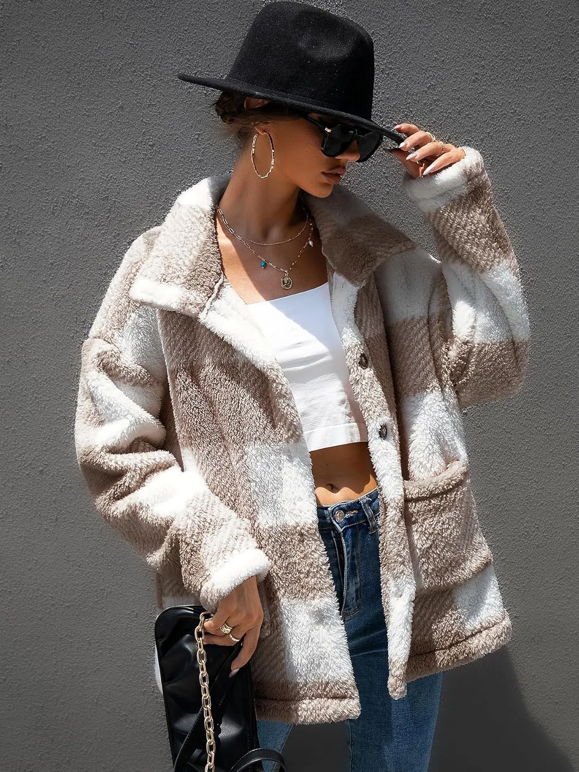 QUCH Sherpa Jacket Women Fuzzy Fleece Winter Coats for Women Shackets for Women 2024 Fashion Casual Warm Gingham Teddy Coat