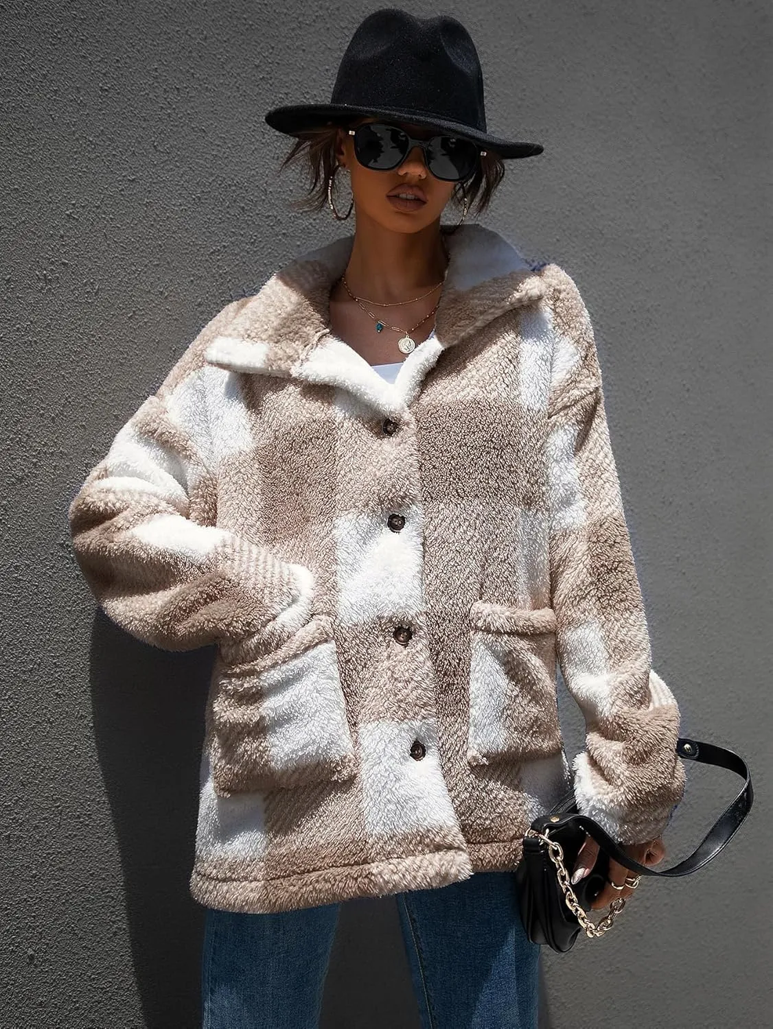 QUCH Sherpa Jacket Women Fuzzy Fleece Winter Coats for Women Shackets for Women 2024 Fashion Casual Warm Gingham Teddy Coat