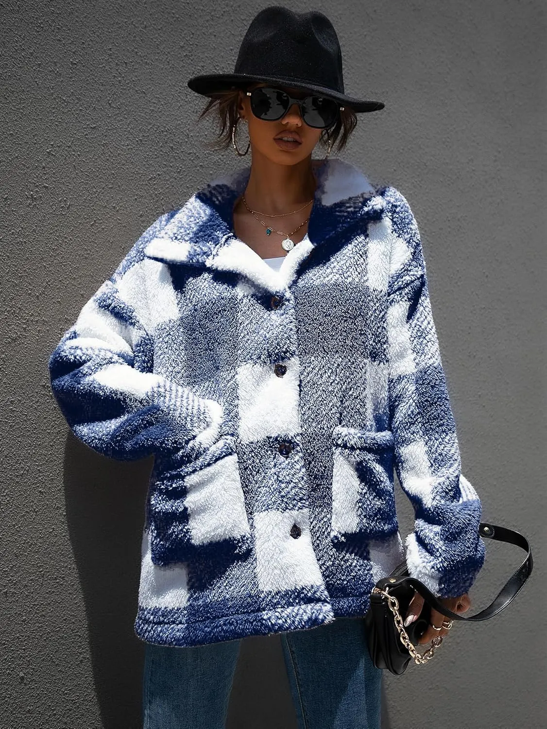 QUCH Sherpa Jacket Women Fuzzy Fleece Winter Coats for Women Shackets for Women 2024 Fashion Casual Warm Gingham Teddy Coat