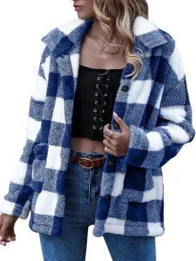 QUCH Sherpa Jacket Women Fuzzy Fleece Winter Coats for Women Shackets for Women 2024 Fashion Casual Warm Gingham Teddy Coat