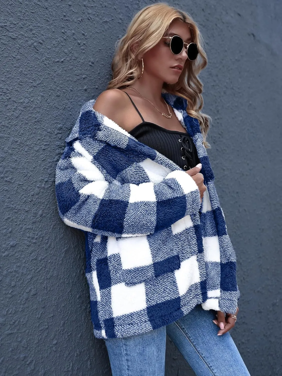 QUCH Sherpa Jacket Women Fuzzy Fleece Winter Coats for Women Shackets for Women 2024 Fashion Casual Warm Gingham Teddy Coat