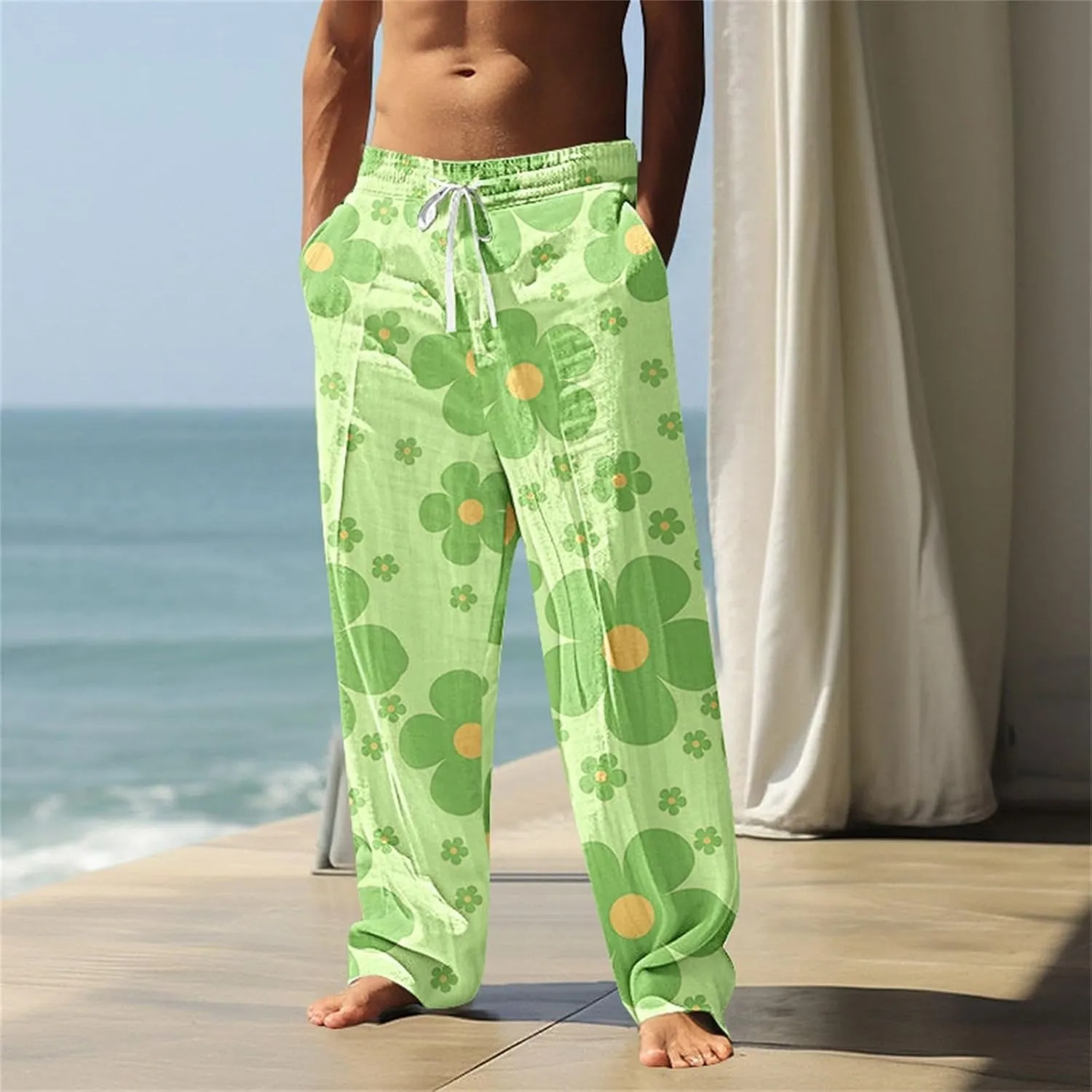 Relaxed Fit Hawaiian Tropical Leaf Pants for Men Lightweight Beach Sweatpants Comfy Lounge Graphic Vacation Drawstring