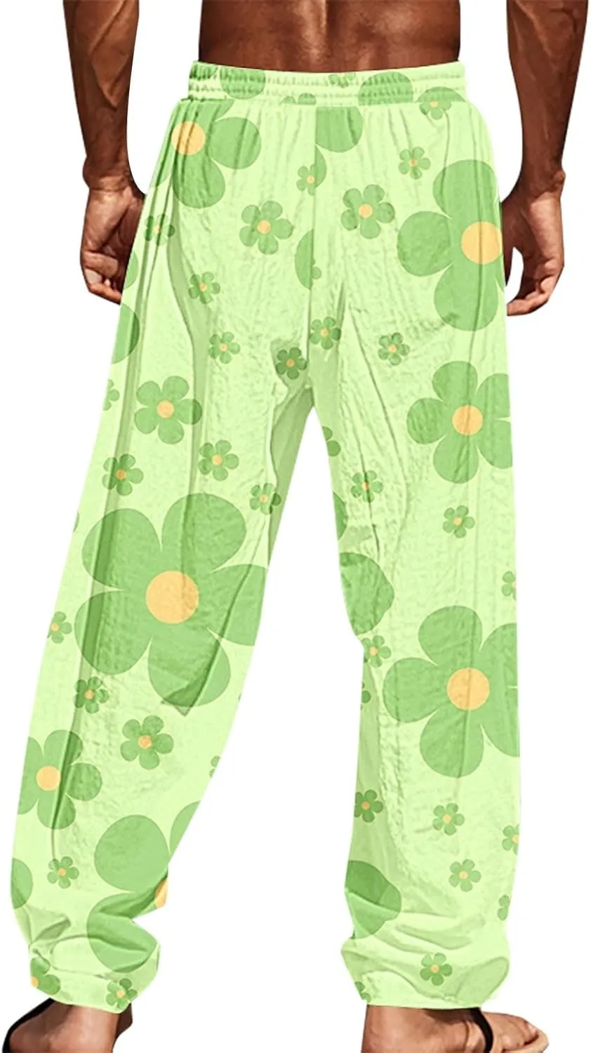 Relaxed Fit Hawaiian Tropical Leaf Pants for Men Lightweight Beach Sweatpants Comfy Lounge Graphic Vacation Drawstring