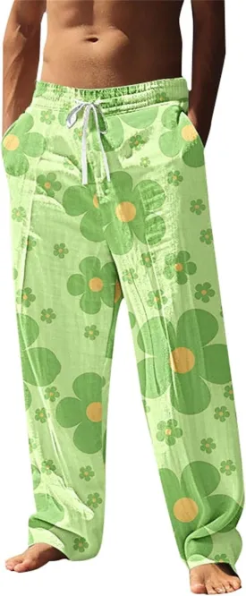 Relaxed Fit Hawaiian Tropical Leaf Pants for Men Lightweight Beach Sweatpants Comfy Lounge Graphic Vacation Drawstring