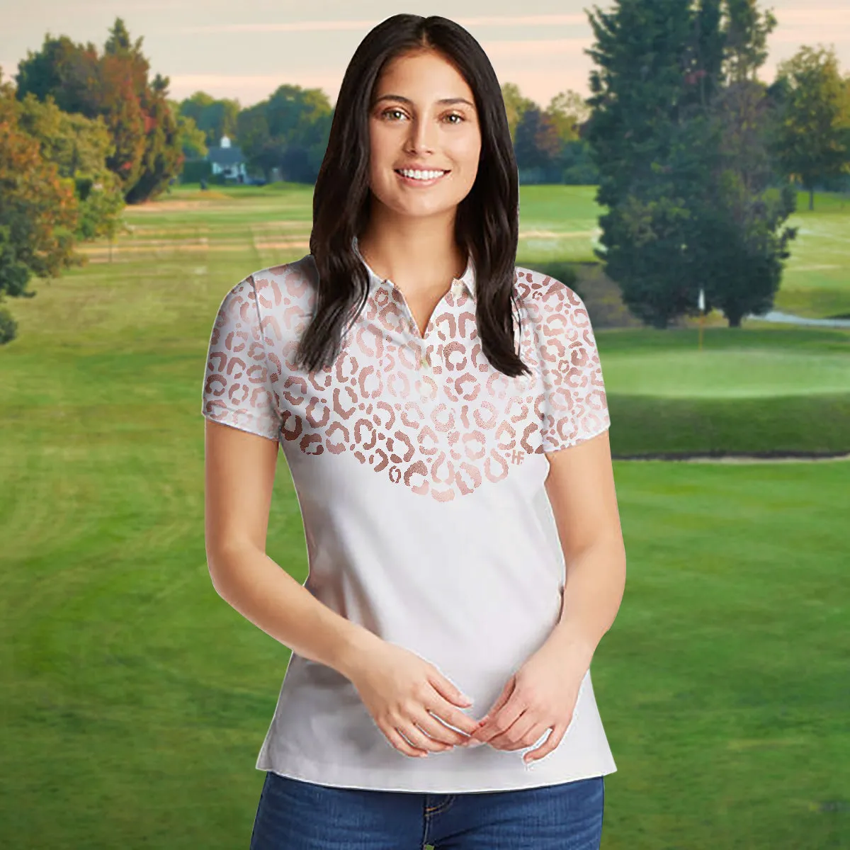 Rose Gold Leopard Pattern Shirt Short Sleeve Women Polo Shirt Coolspod
