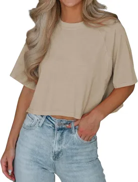 Tankaneo Womens Casual Half Sleeve Cropped T-Shirts Summer Crop Tops Solid Color Round Neck Basic Crop Tees
