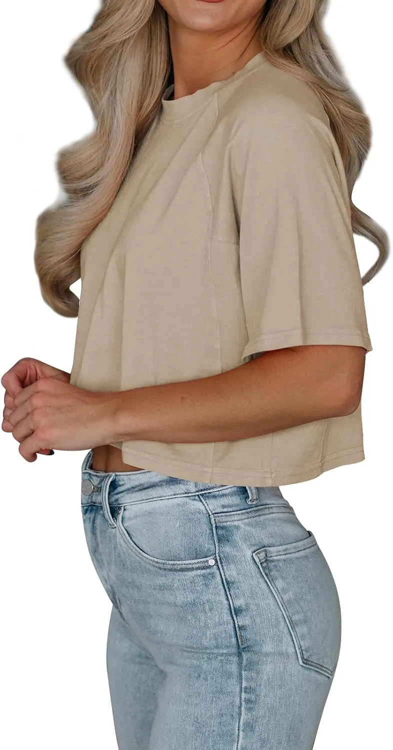 Tankaneo Womens Casual Half Sleeve Cropped T-Shirts Summer Crop Tops Solid Color Round Neck Basic Crop Tees
