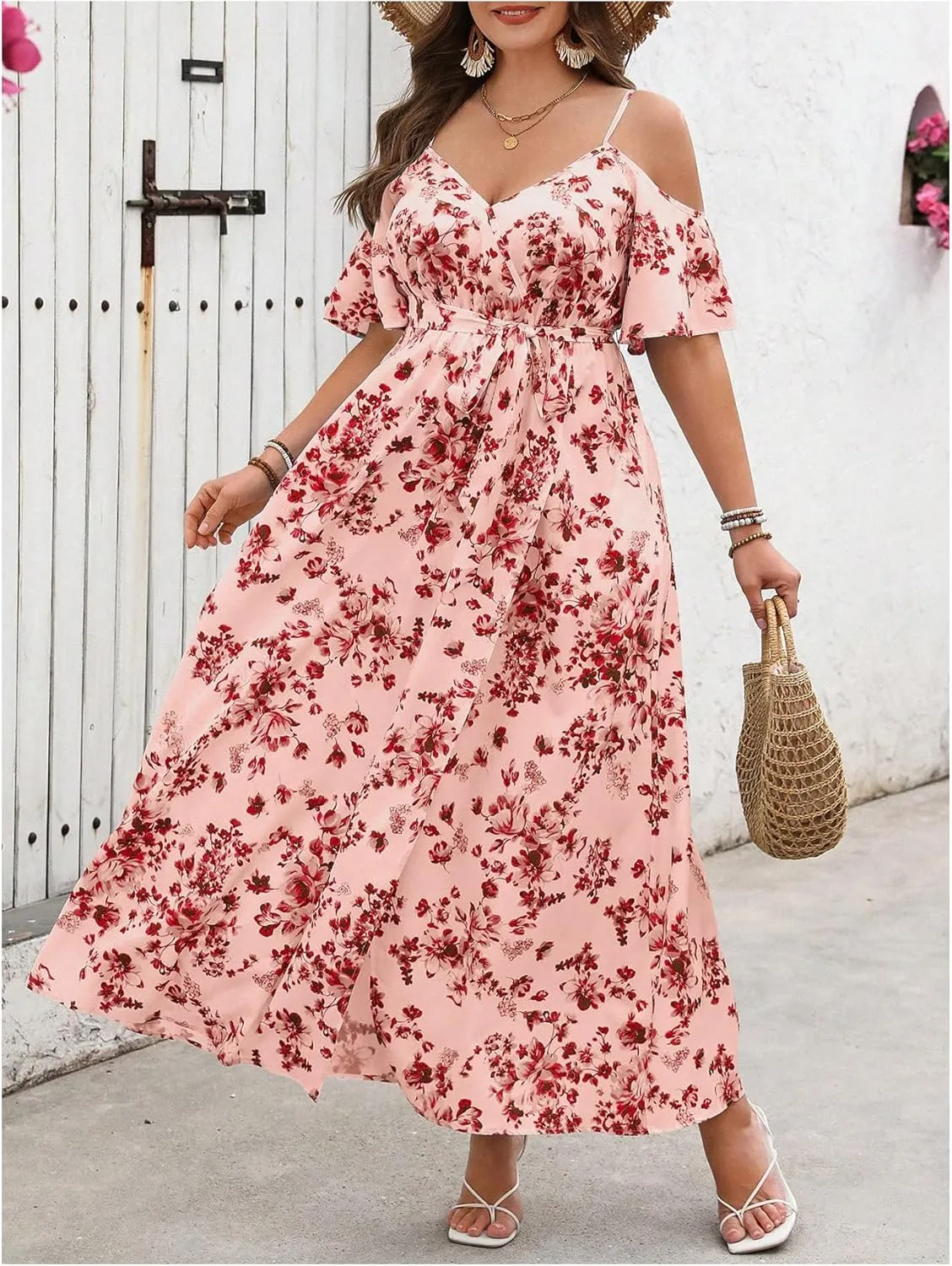 Verdusa Women's Plus Size Floral Cold Shoulder Boho Dresses Belted Waist Slit Maxi Flowy Dress