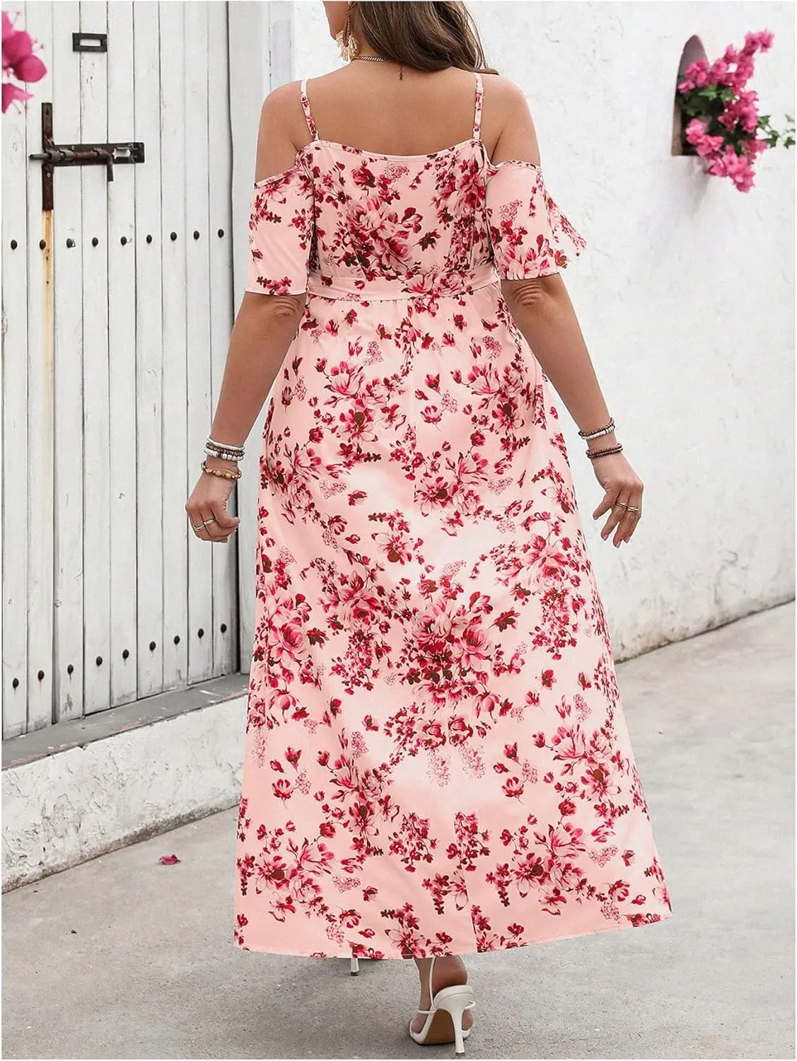 Verdusa Women's Plus Size Floral Cold Shoulder Boho Dresses Belted Waist Slit Maxi Flowy Dress