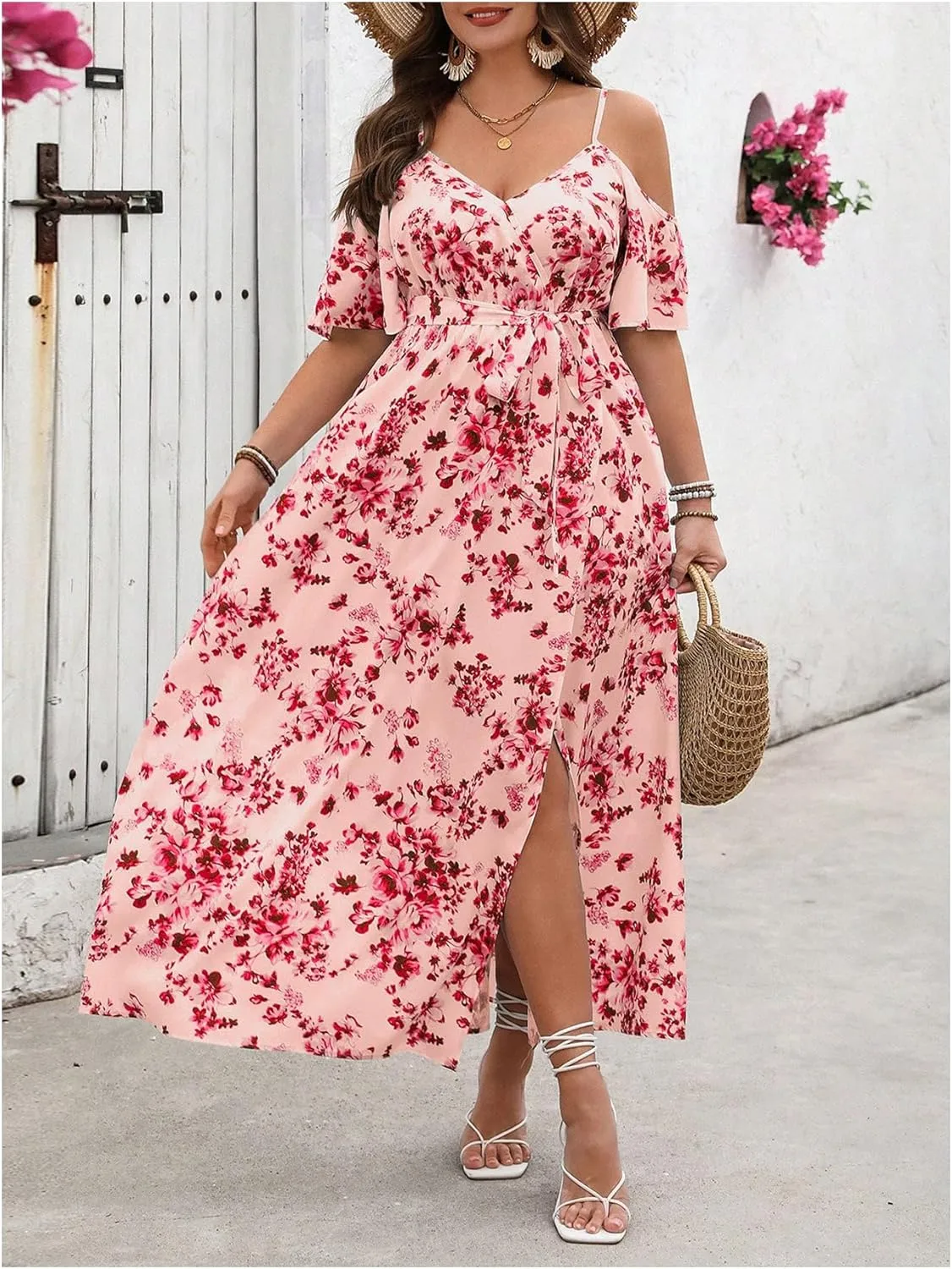 Verdusa Women's Plus Size Floral Cold Shoulder Boho Dresses Belted Waist Slit Maxi Flowy Dress
