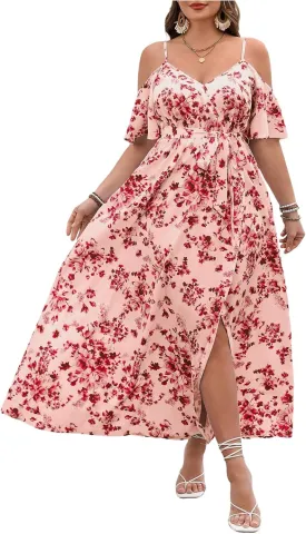Verdusa Women's Plus Size Floral Cold Shoulder Boho Dresses Belted Waist Slit Maxi Flowy Dress