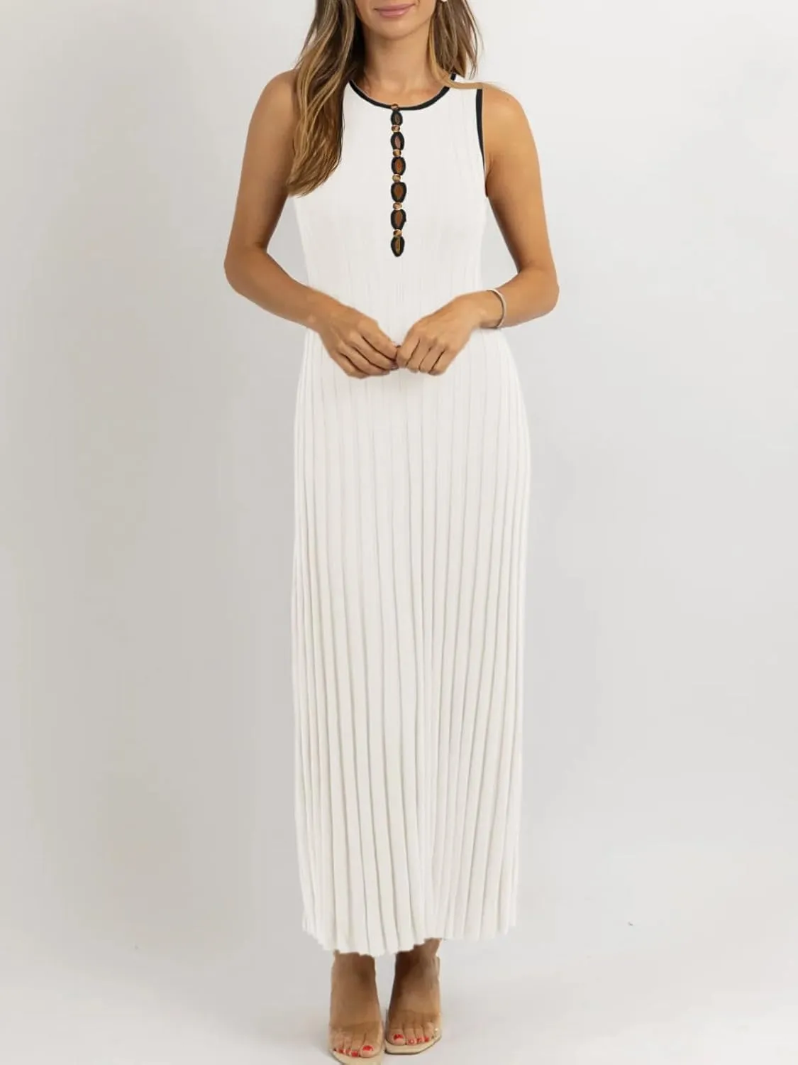 Wenrine Womens Sleeveless Maxi Dress Summer Hollow Out Crewneck Casual Ribbed Knit Slim Fit Tank Dresses