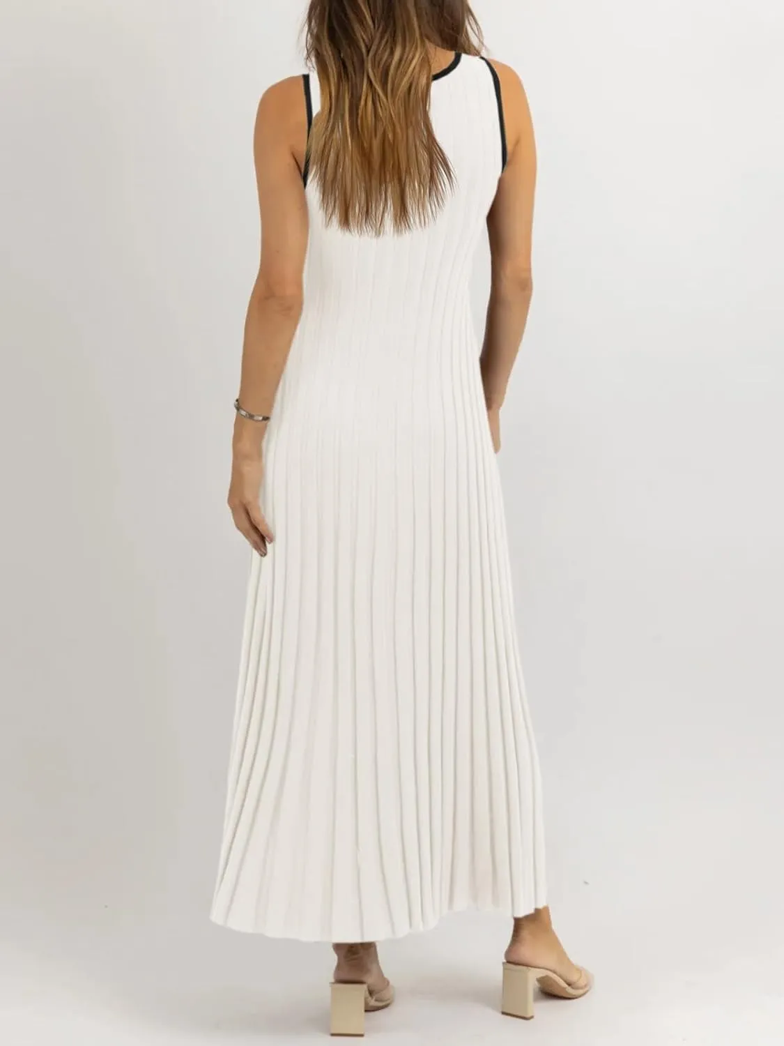Wenrine Womens Sleeveless Maxi Dress Summer Hollow Out Crewneck Casual Ribbed Knit Slim Fit Tank Dresses