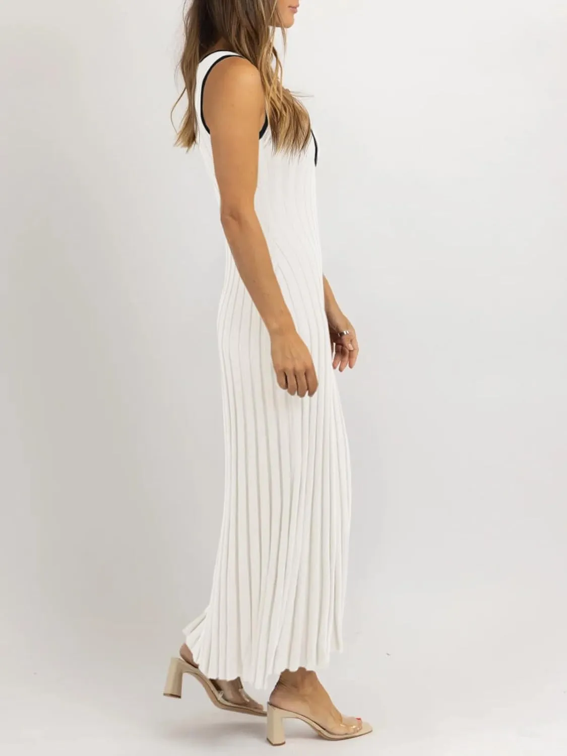 Wenrine Womens Sleeveless Maxi Dress Summer Hollow Out Crewneck Casual Ribbed Knit Slim Fit Tank Dresses