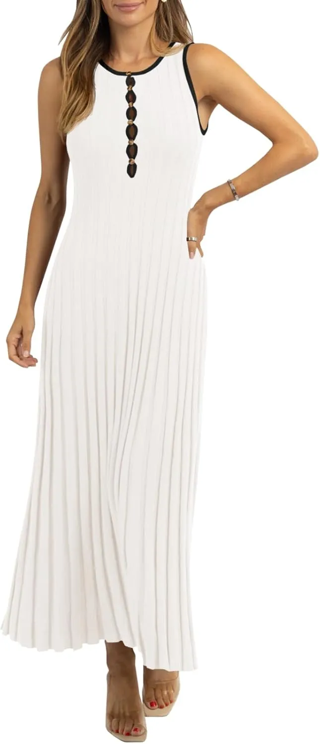 Wenrine Womens Sleeveless Maxi Dress Summer Hollow Out Crewneck Casual Ribbed Knit Slim Fit Tank Dresses