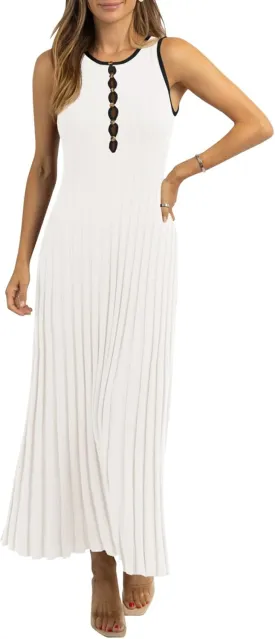 Wenrine Womens Sleeveless Maxi Dress Summer Hollow Out Crewneck Casual Ribbed Knit Slim Fit Tank Dresses