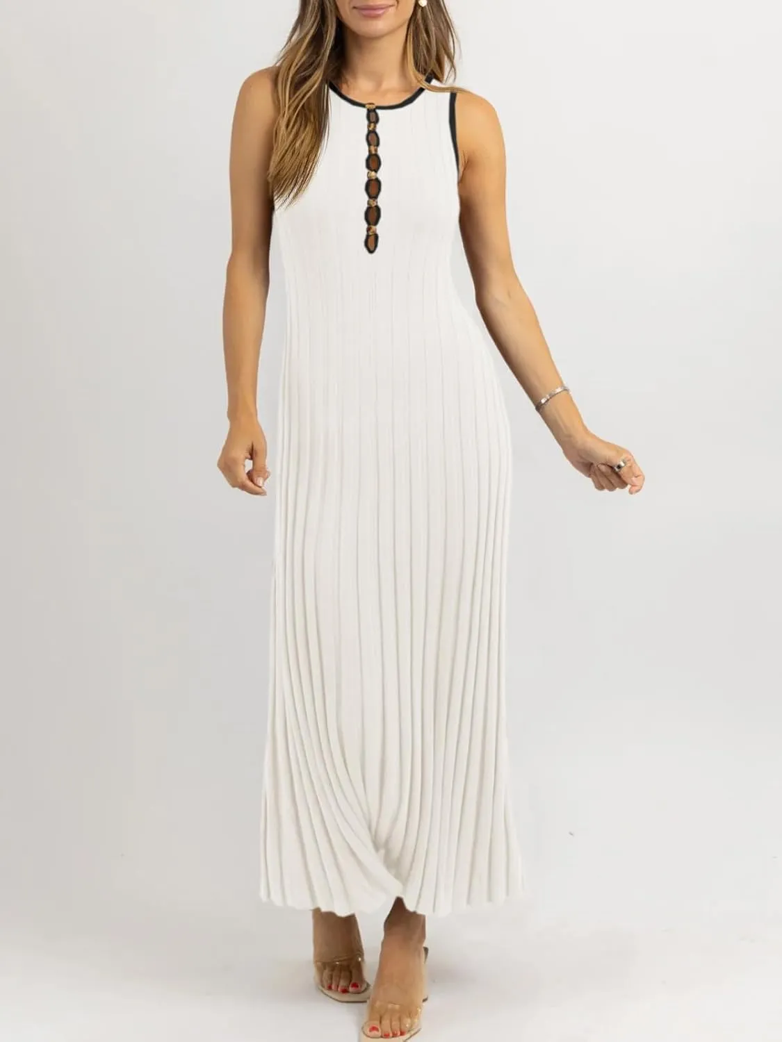 Wenrine Womens Sleeveless Maxi Dress Summer Hollow Out Crewneck Casual Ribbed Knit Slim Fit Tank Dresses