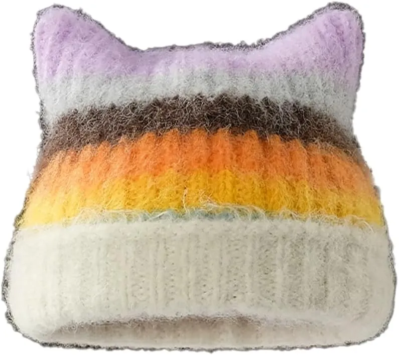 Women Girls Cute Cat Ears Beanie Hat Winter Warm Knit Hat Retro Y2K Skull Caps Soft Slouchy Crochet Hats Ski Cap