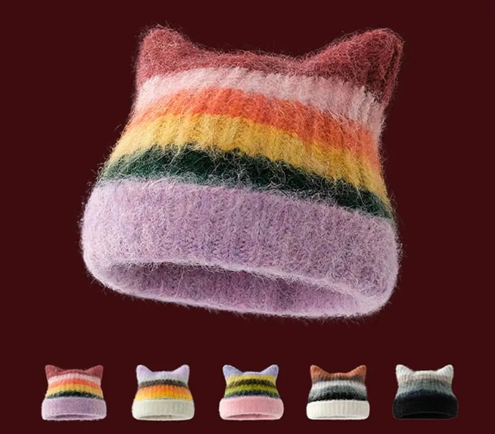 Women Girls Cute Cat Ears Beanie Hat Winter Warm Knit Hat Retro Y2K Skull Caps Soft Slouchy Crochet Hats Ski Cap