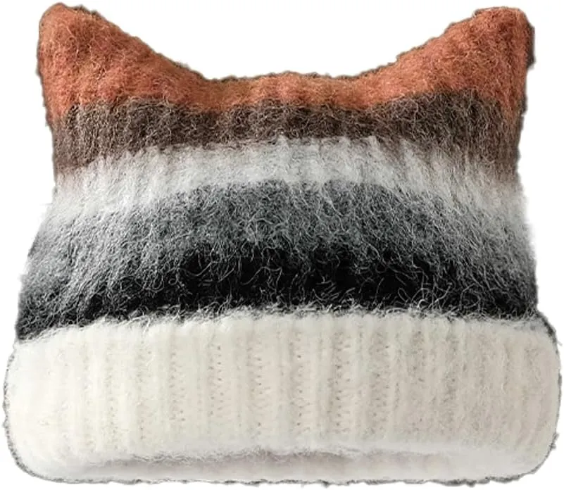 Women Girls Cute Cat Ears Beanie Hat Winter Warm Knit Hat Retro Y2K Skull Caps Soft Slouchy Crochet Hats Ski Cap