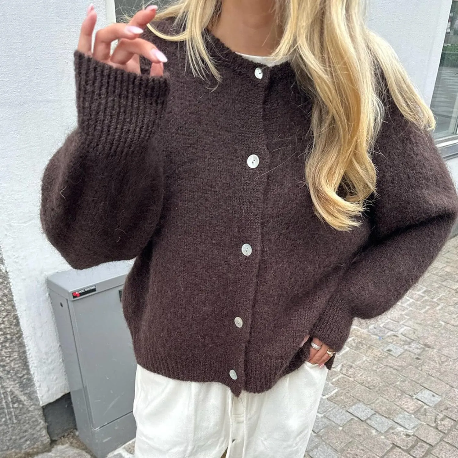 Women Y2k Knitted Cropped Cardigan Sweater Long Sleeve Crewneck Button Down Open Front Knitwear Top Streetwear