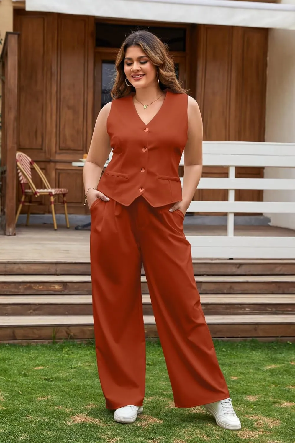 Women's 2 Piece Outfits Elegant Blazer Vest Pockets Wide Leg Pant Suit Casual Matching Set