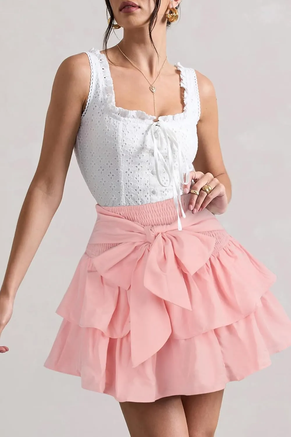 Women's Bow Front Mini Skirt High Shirred Waist Layered Ruffle Hem Short Cake Skirts