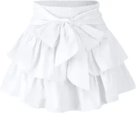 Women's Bow Front Mini Skirt High Shirred Waist Layered Ruffle Hem Short Cake Skirts