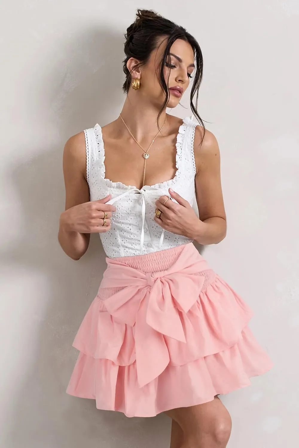 Women's Bow Front Mini Skirt High Shirred Waist Layered Ruffle Hem Short Cake Skirts