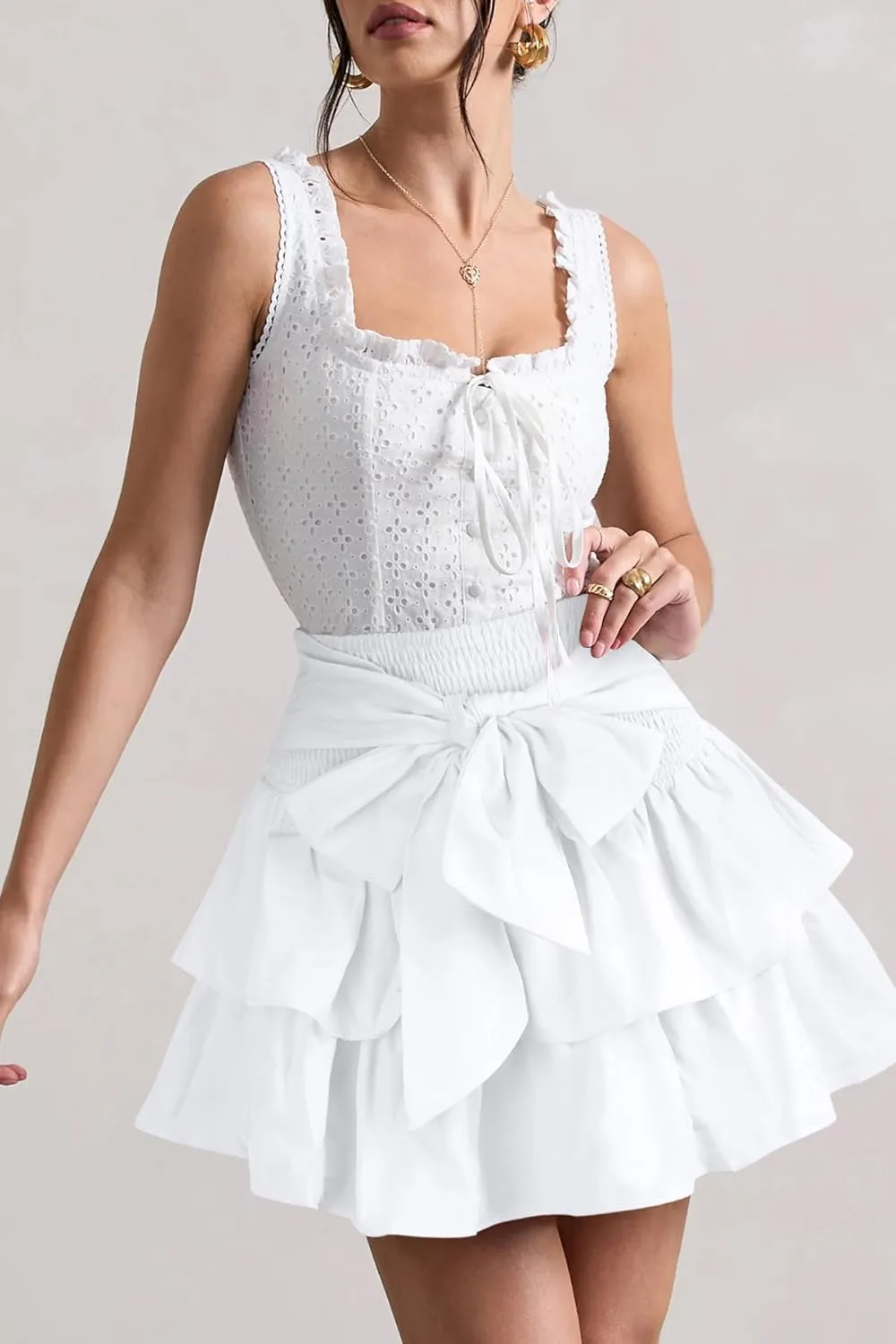 Women's Bow Front Mini Skirt High Shirred Waist Layered Ruffle Hem Short Cake Skirts