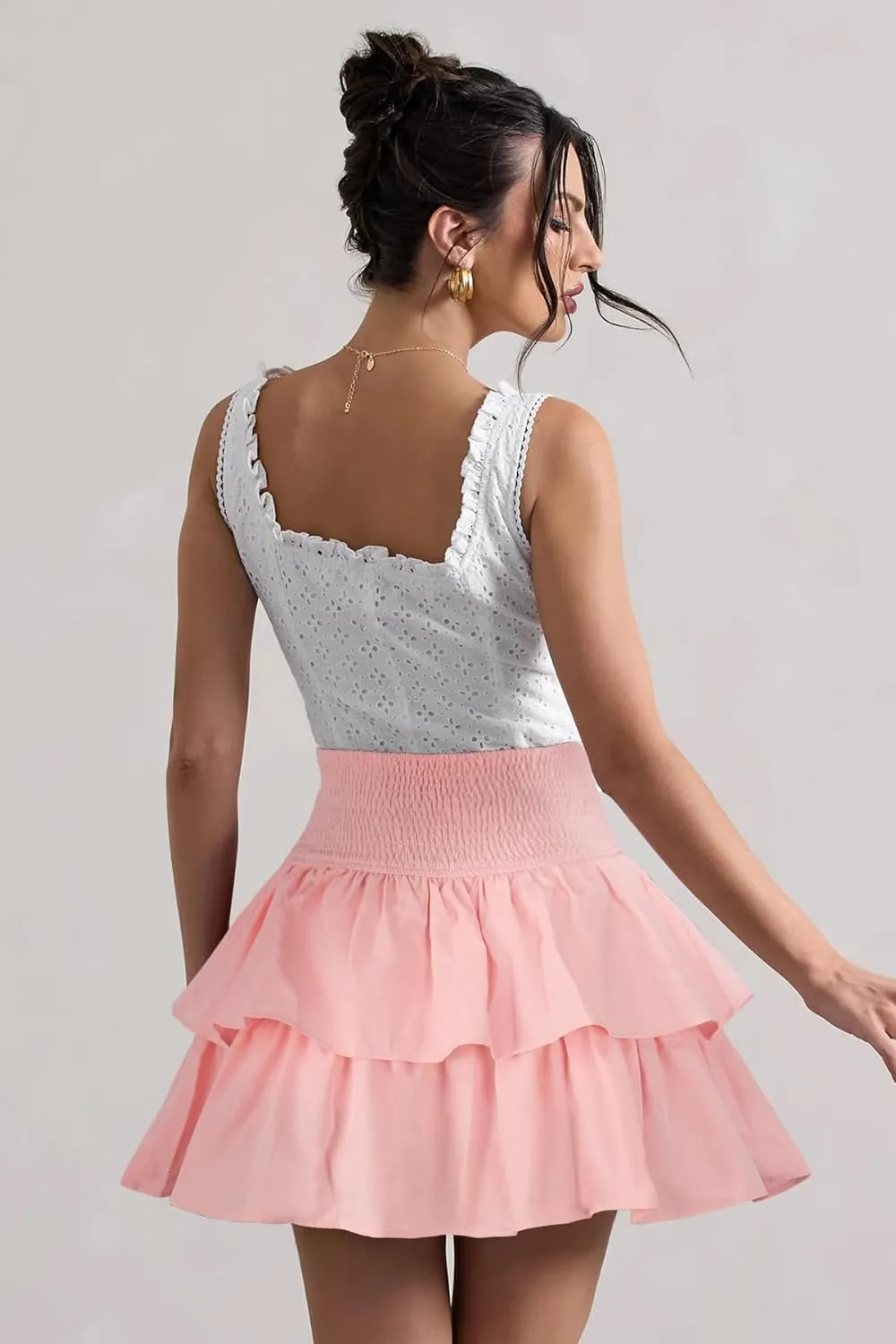 Women's Bow Front Mini Skirt High Shirred Waist Layered Ruffle Hem Short Cake Skirts