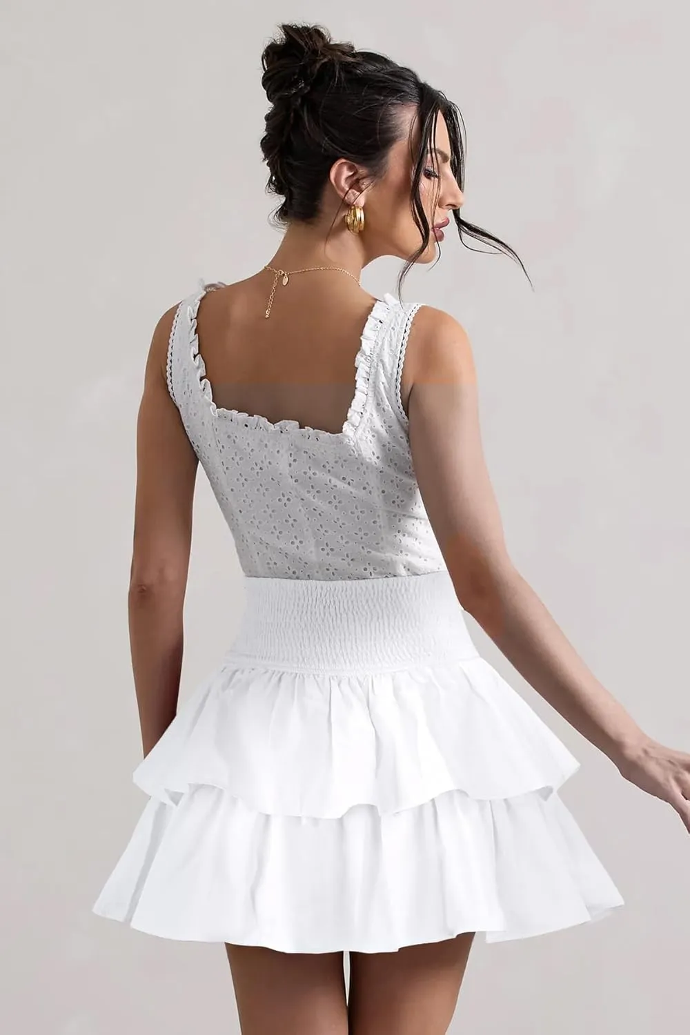 Women's Bow Front Mini Skirt High Shirred Waist Layered Ruffle Hem Short Cake Skirts