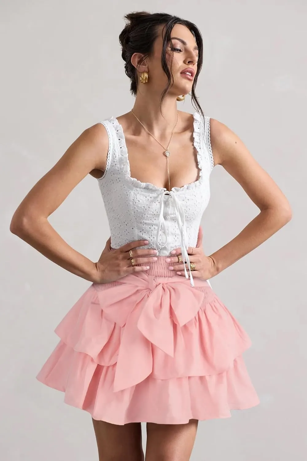 Women's Bow Front Mini Skirt High Shirred Waist Layered Ruffle Hem Short Cake Skirts