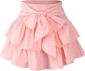 Women's Bow Front Mini Skirt High Shirred Waist Layered Ruffle Hem Short Cake Skirts