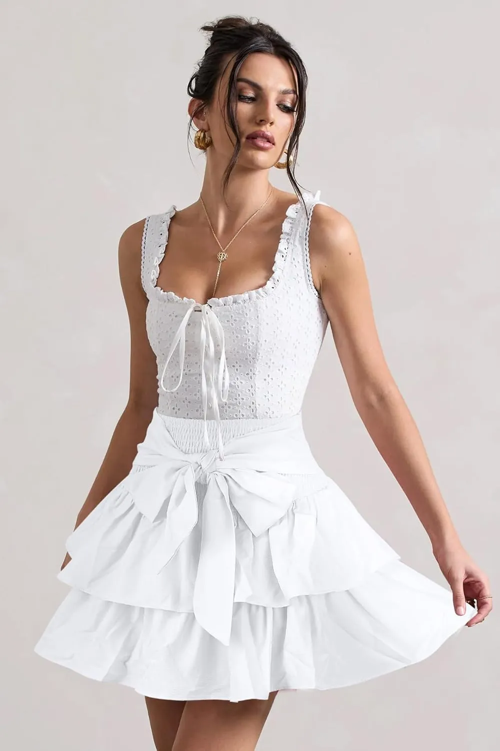 Women's Bow Front Mini Skirt High Shirred Waist Layered Ruffle Hem Short Cake Skirts