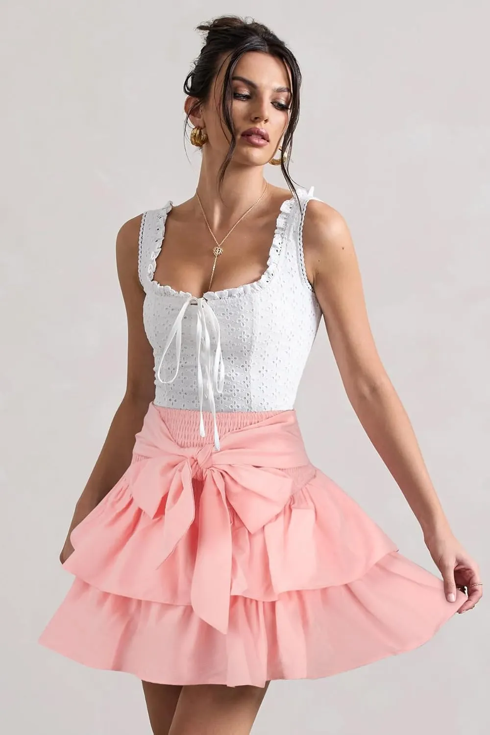Women's Bow Front Mini Skirt High Shirred Waist Layered Ruffle Hem Short Cake Skirts