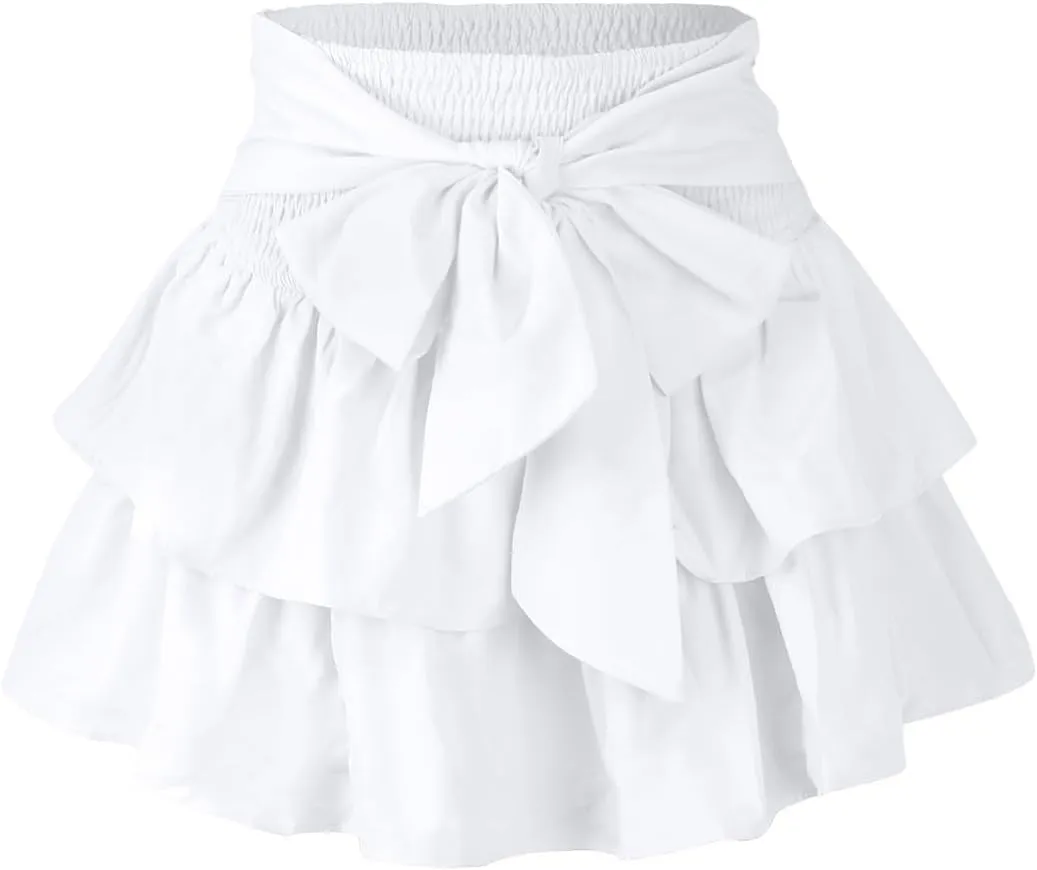 Women's Bow Front Mini Skirt High Shirred Waist Layered Ruffle Hem Short Cake Skirts
