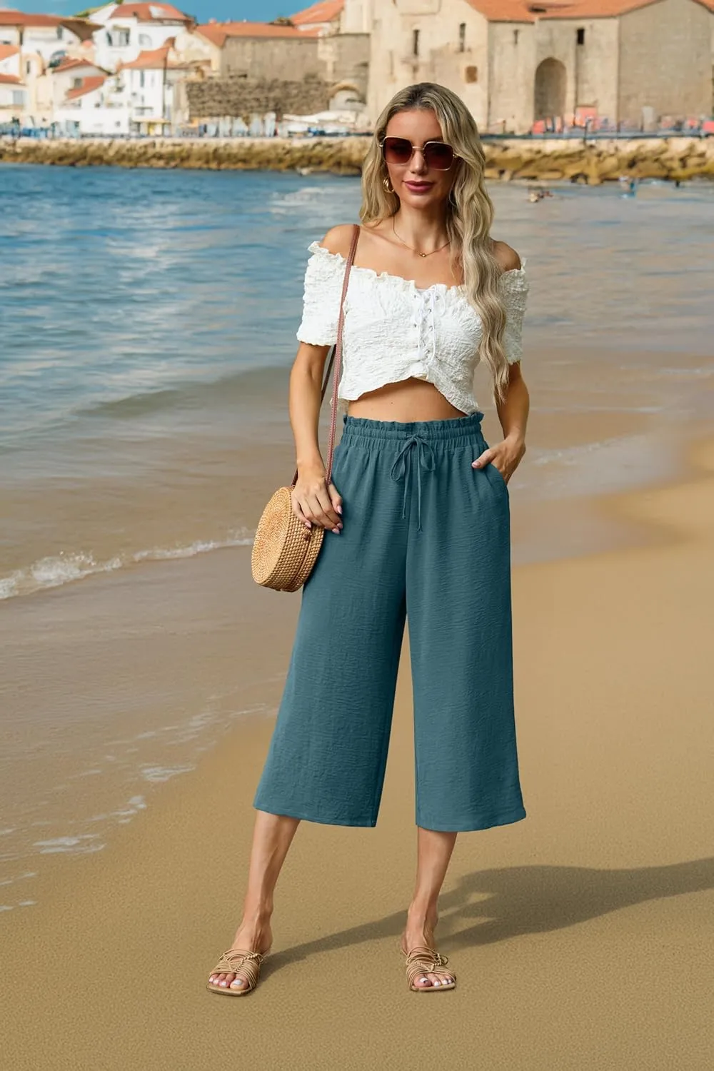 Womens Wide Leg High Waisted with Tie Belt Pockets Summer 2025 Vacation Pants
