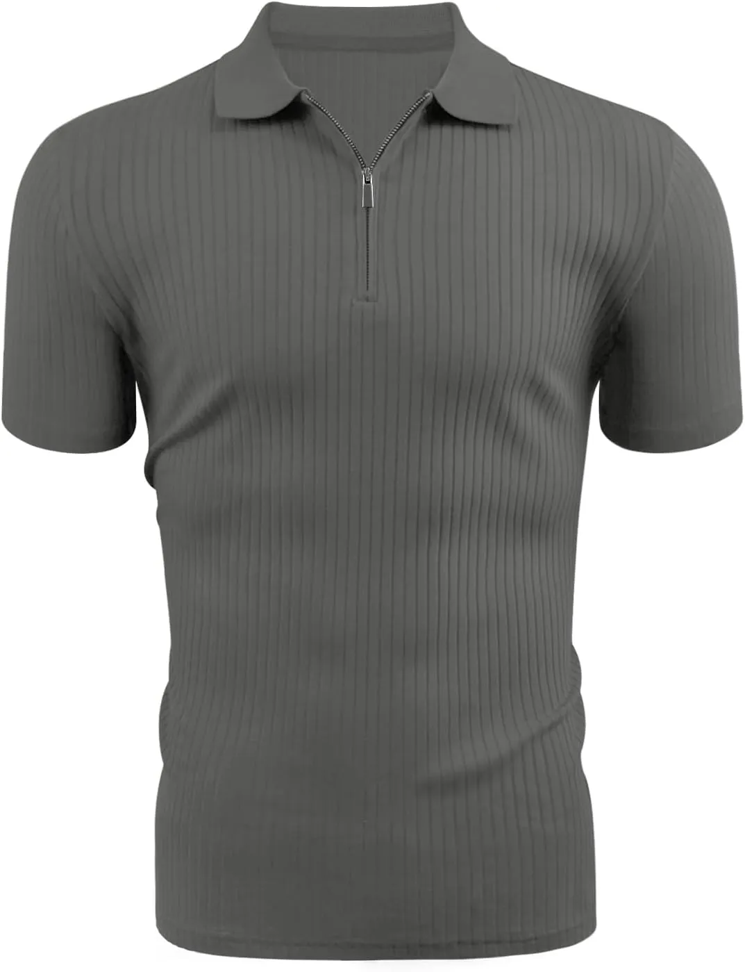 Zipper Muscle Polo Shirts for Men Slim Fit Short Sleeve Cotton Ribbed Knit Golf Shirt