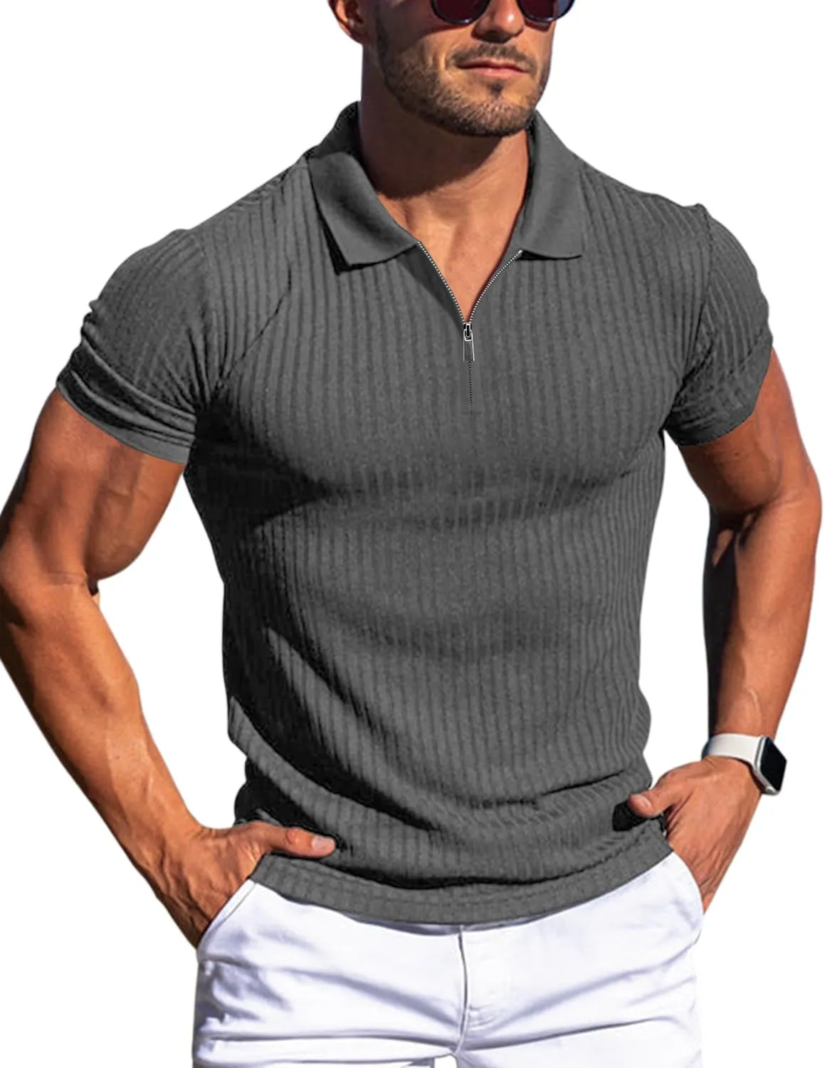 Zipper Muscle Polo Shirts for Men Slim Fit Short Sleeve Cotton Ribbed Knit Golf Shirt