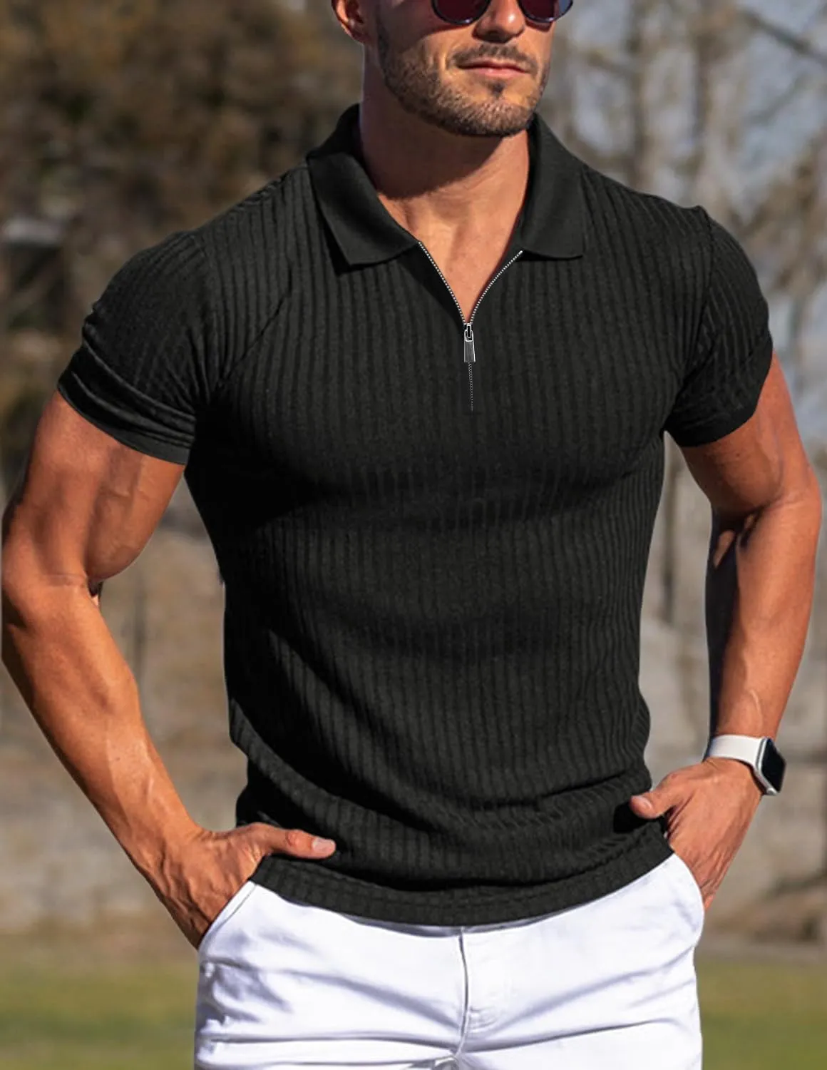 Zipper Muscle Polo Shirts for Men Slim Fit Short Sleeve Cotton Ribbed Knit Golf Shirt