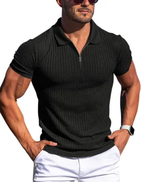 Zipper Muscle Polo Shirts for Men Slim Fit Short Sleeve Cotton Ribbed Knit Golf Shirt