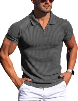 Zipper Muscle Polo Shirts for Men Slim Fit Short Sleeve Cotton Ribbed Knit Golf Shirt