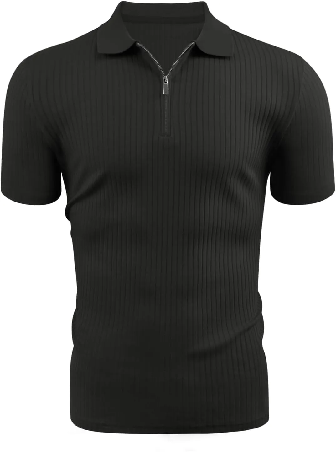 Zipper Muscle Polo Shirts for Men Slim Fit Short Sleeve Cotton Ribbed Knit Golf Shirt